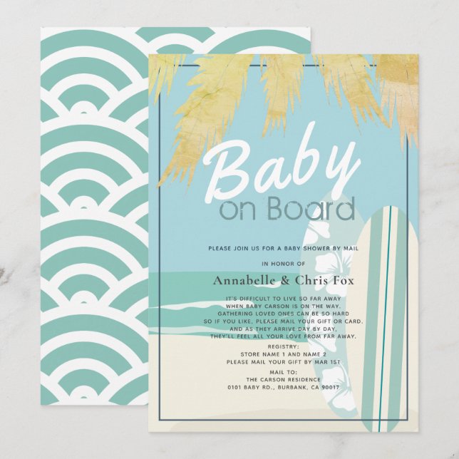 Baby on Board Beach Surf Boy Baby Shower by Mail Invitation (Front/Back)
