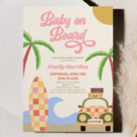 Baby On Board Beach Surf Pink Retro Baby Shower