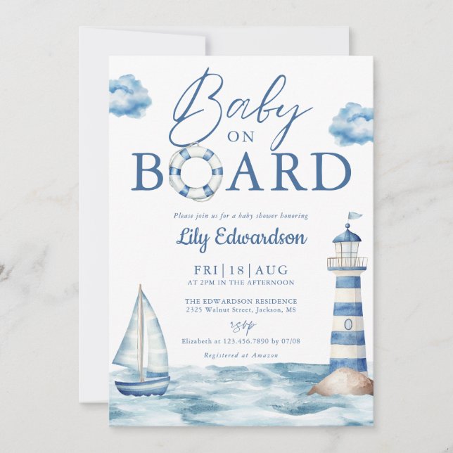 Baby On Board Blue Nautical Baby Shower Invitation (Front)