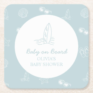 Baby on Board doodle Surfboard Beach Baby Shower Square Paper Coaster