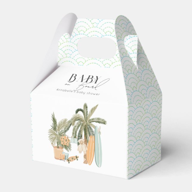 Baby on Board Palm Tree Surfboard Baby Shower Favor Box (Front Side)