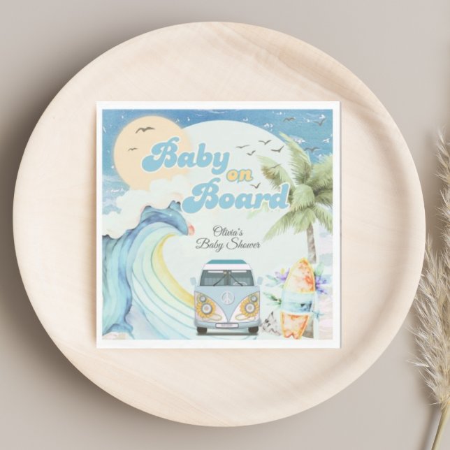 Baby on Board Retro Surfing Beach Baby Shower Napkin (Creator Uploaded)