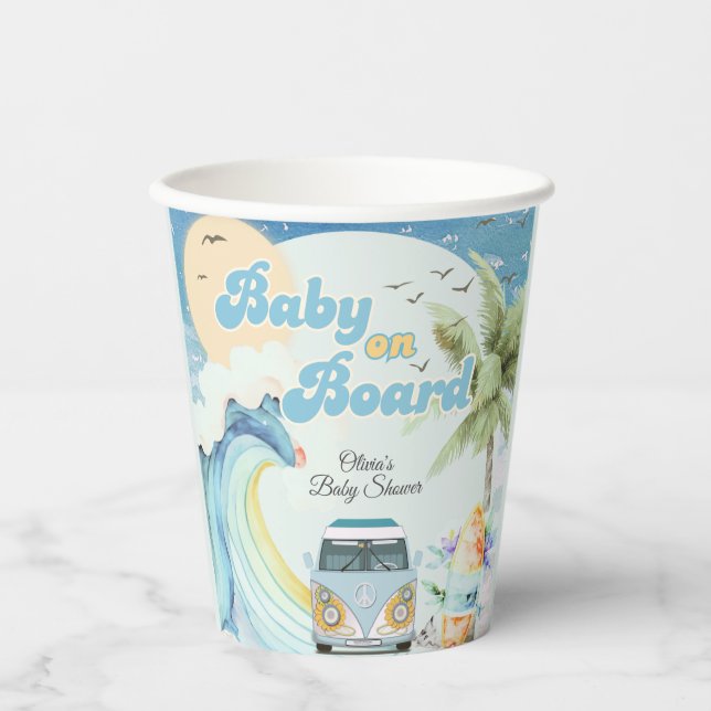 Baby on Board Retro Surfing Beach Baby Shower Paper Cups (Front)