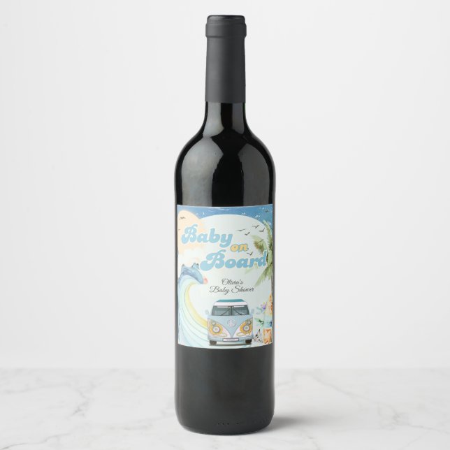 Baby on Board Retro Surfing Beach Baby Shower Wine Label (Front)