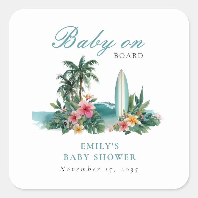 Baby On Board Surf Beach Baby Shower Square Sticker (Front)