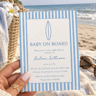 Baby On Board Surf Beach Blue Baby Shower Invitation