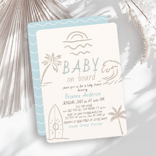 Baby on Board Surf Doodle Blue Boy Baby Shower Invitation