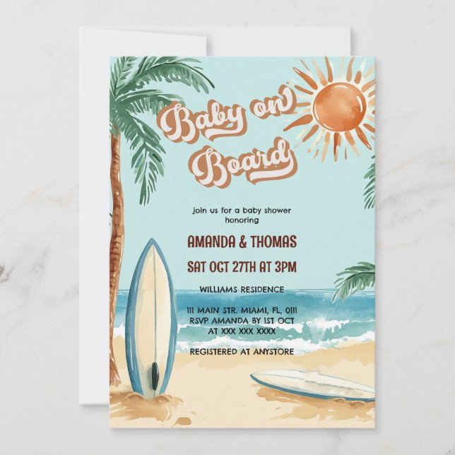 Baby On Board Surfboard Baby Shower Invitation (Front)