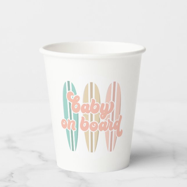 Baby on Board Surfboard Beach Baby Shower Paper Cups (Front)