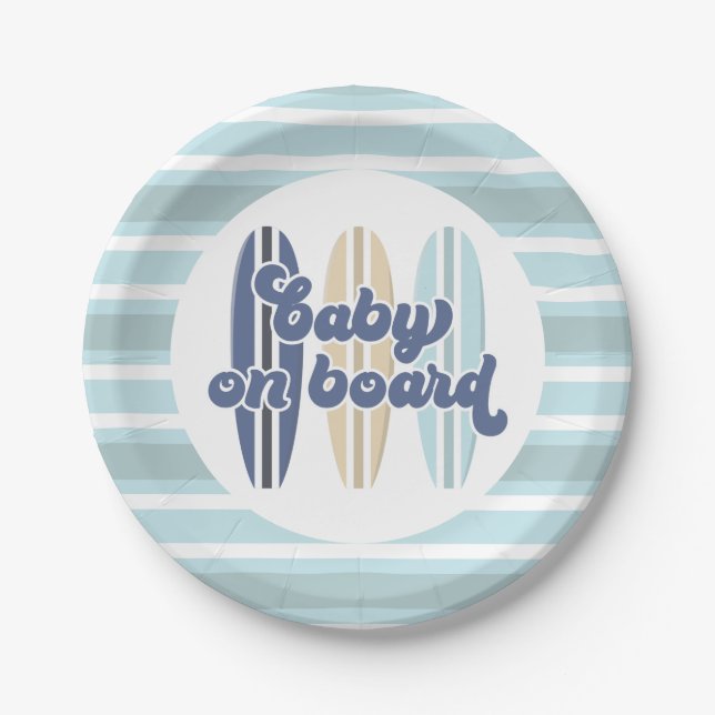 Baby on Board Surfboard Beach Baby Shower Paper Pl Paper Plate (Front)