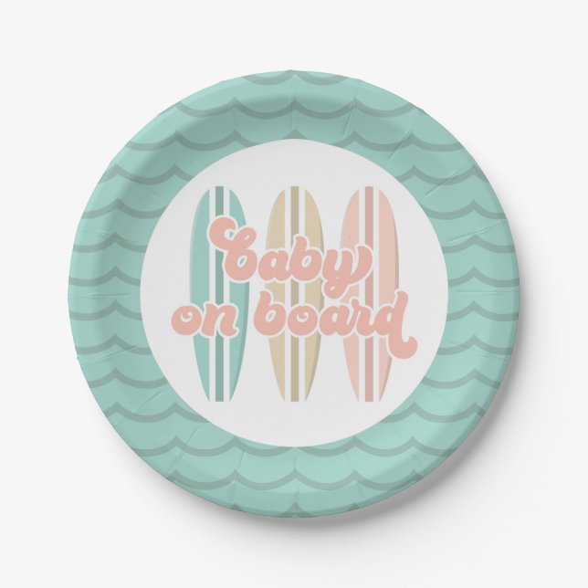 Baby on Board Surfboard Beach Baby Shower Paper Pl Paper Plate (Front)