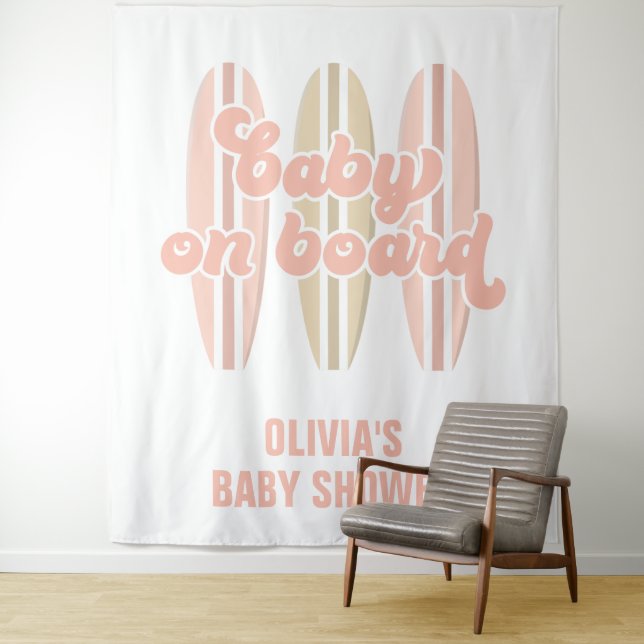 Baby on Board Surfboard Beach Baby Shower Tapestry (In Situ)