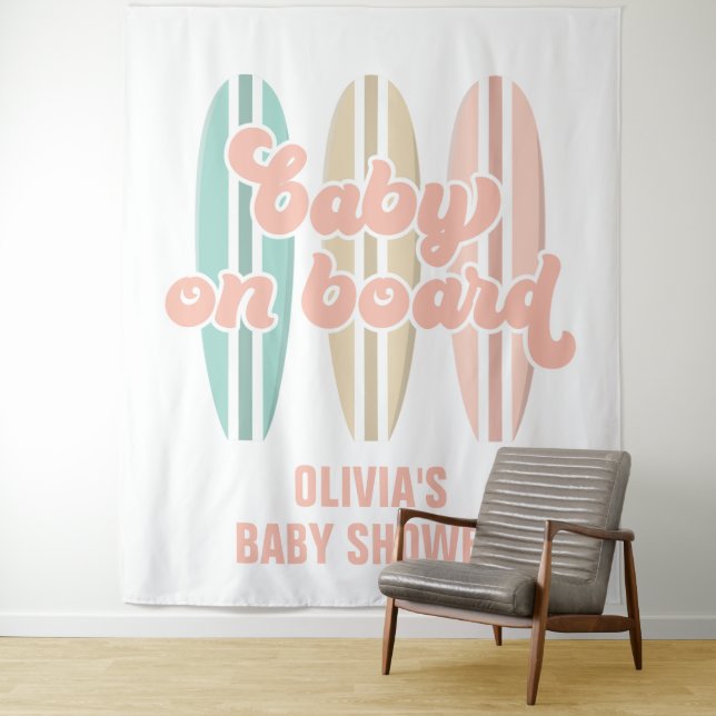 Baby on Board Surfboard Beach Baby Shower Tapestry (In Situ)