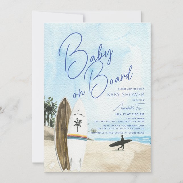 Baby on Board Surfboard Beach Blue Boy Baby Shower Invitation (Front)