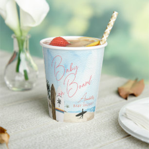 Baby on Board Surfboard Beach Pink Baby Shower Paper Cups