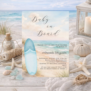 Baby on Board surfboard blue boy beach Baby Shower Invitation