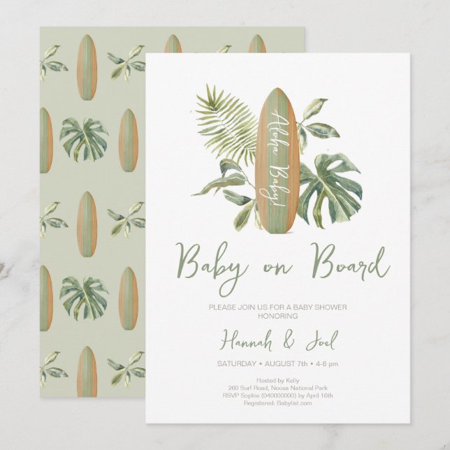Baby on Board Surfboard Ocean Beach Baby Shower Invitation (Front/Back)