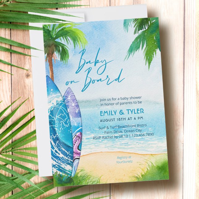 Baby on Board Surfboard Ocean Beach Baby Shower Invitation (Creator Uploaded)