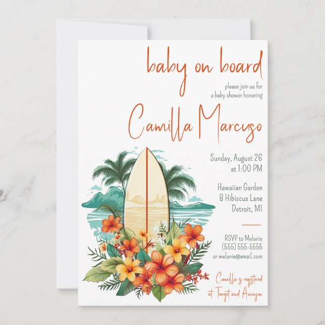 Baby on Board, Surfboard, Palm Tree Baby Shower Invitation (Front)