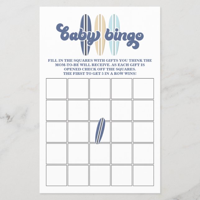 Baby on Board Surfing Baby Shower Bingo Flyer (Front)