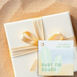 Baby On Board Surfing Beach Watercolor Baby Shower Favour Tags