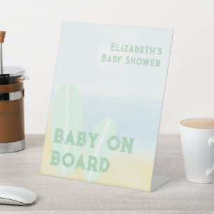 Baby On Board Surfing Beach Watercolor Baby Shower Pedestal Sign