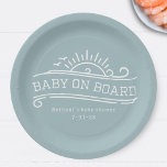 Baby On Board Surfing Blue Baby Shower Paper Plate<br><div class="desc">A boy baby shower "baby on board" theme featuring white line art with sun,  and waves.   White text.  Background is blue.</div>