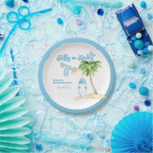 Baby on Board Surfing Boy Baby Shower Paper Plate