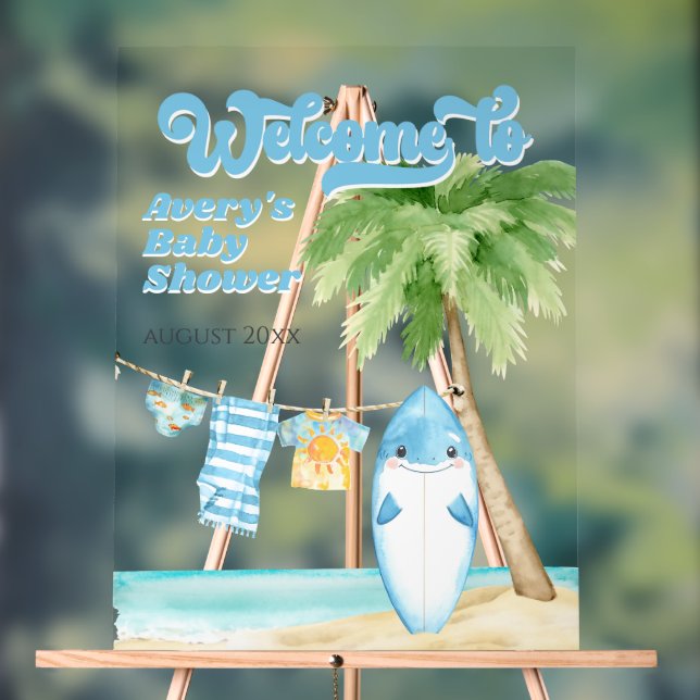 Baby on Board Surfing Boy Baby Shower Welcome Acrylic Sign (Neutral)