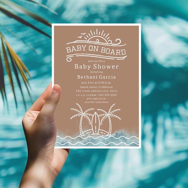 Baby On Board Surfing Neutral Beach Baby Shower Invitation (Creator Uploaded)
