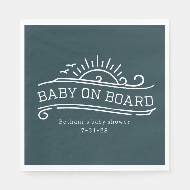 Baby On Board Surfing Slate Blue Baby Shower Napkin (Front)