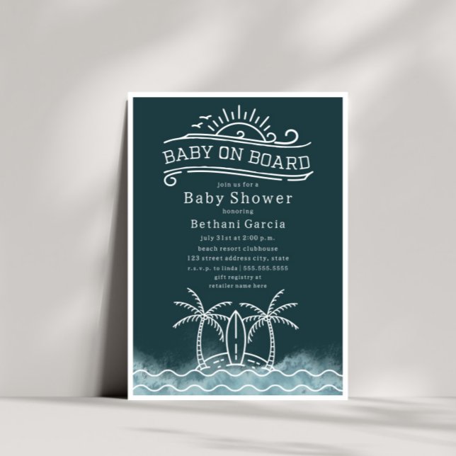 Baby On Board Surfing Slate Blue Beach Baby Shower Invitation (Creator Uploaded)