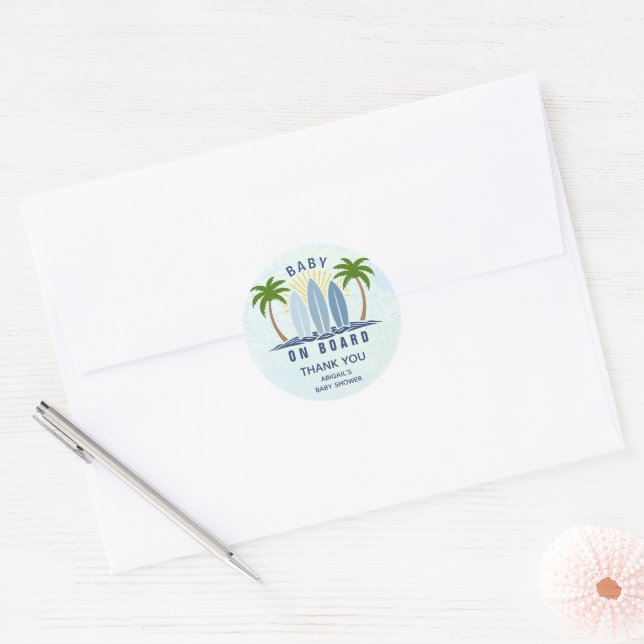 Baby on board surfing splash blue baby boy shower classic round sticker (Envelope)