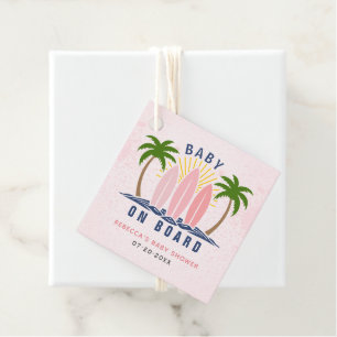Baby on board surfing splash pink baby girl shower favour tags