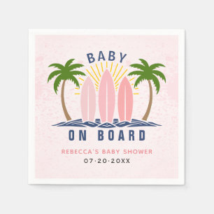 Baby on board surfing splash pink baby girl shower napkin