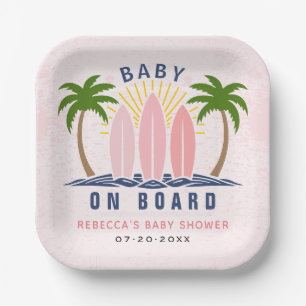 Baby on board surfing splash pink baby girl shower paper plate