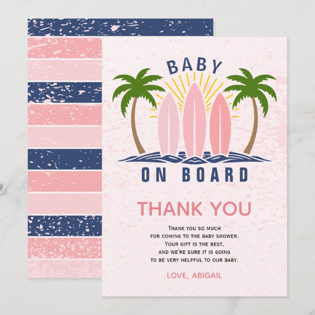 Baby on board surfing splash pink baby girl shower thank you card (Front/Back)