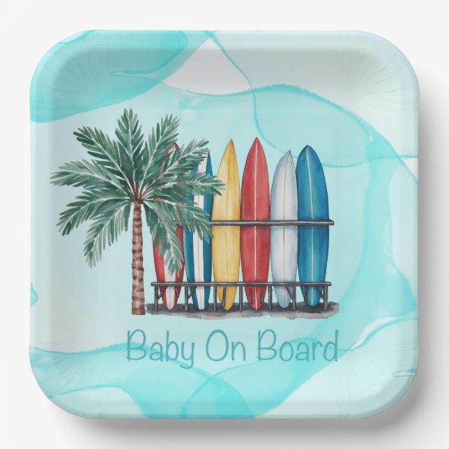Baby On Board Surfing Teal Baby Shower Paper Plate (Front)