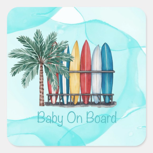 Baby On Board Surfing Teal Baby Shower Square Sticker (Front)