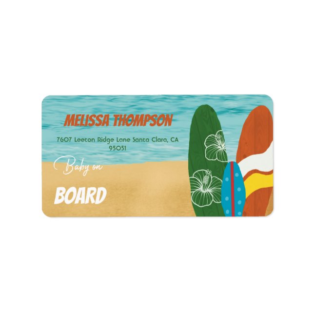 Baby on Board Surfing Tropical Beach Baby Shower Label (Front)