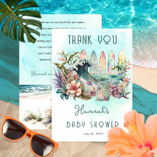 Baby on Board Tropical Surfing Floral Baby Shower Thank You Card