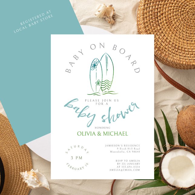 Baby on Board Watercolor Surfboard Baby Boy Shower Invitation (Creator Uploaded)