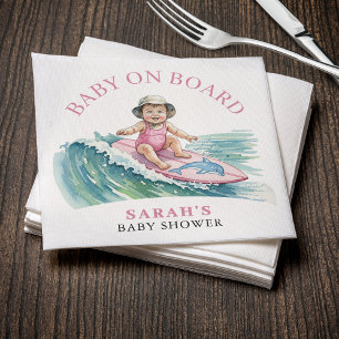 Baby on Board Watercolor Surfing Girl Baby Shower Napkin