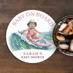 Baby on Board Watercolor Surfing Girl Baby Shower Round Paper Coaster