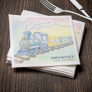 Baby on Board Watercolor Train Baby Shower Napkin
