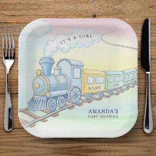 Baby on Board Watercolor Train Baby Shower Paper Plate
