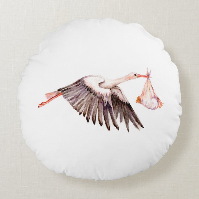 Baby on Stork Round Pillow (Front)
