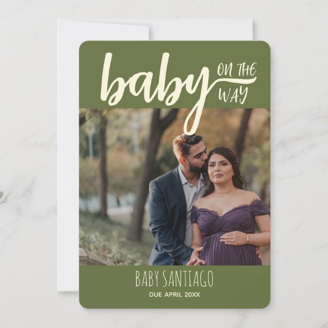 Baby on the Way Two Photo Custom Text Pregnancy Announcement (Front)