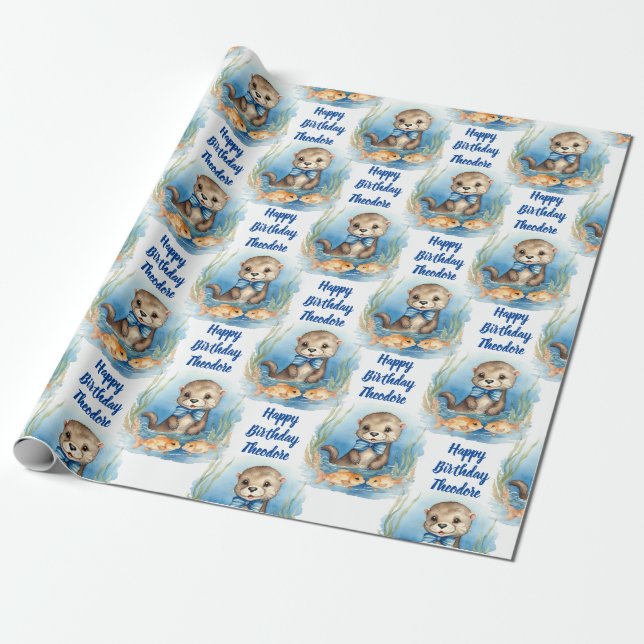 Baby Otter Boy Personalized Wrapping Paper (Unrolled)