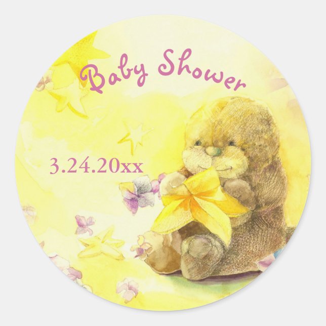 Baby Otter Cute Baby Shower Invitation Classic Round Sticker (Front)